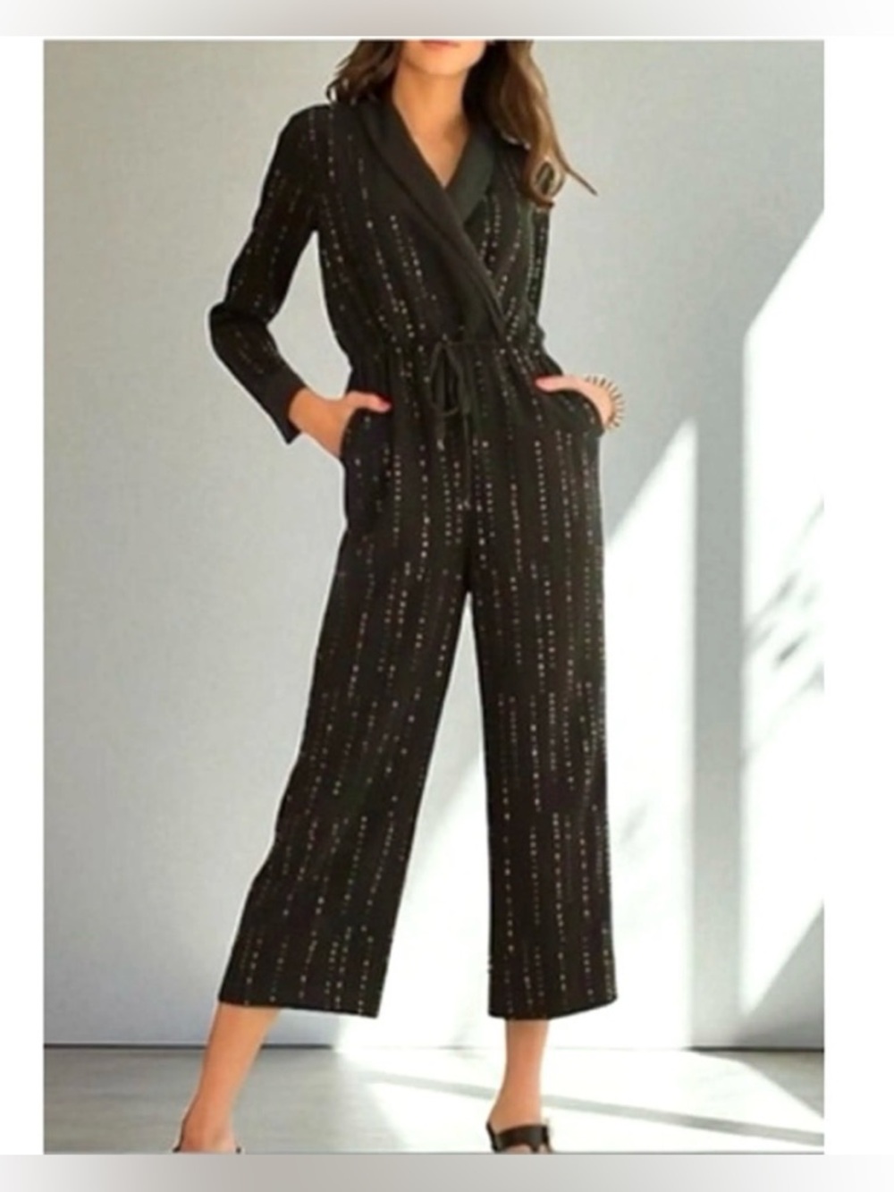 Trina Turk Celebration Black Crepe Metallic Evening Drawstring Jumpsuit Size 4